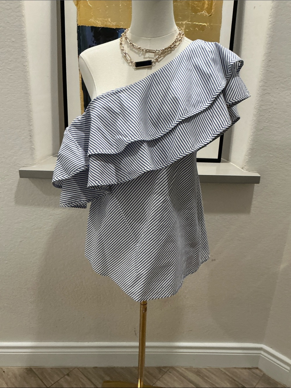 White House Black Market Blue and White One-Shoulder Ruffle Blouse